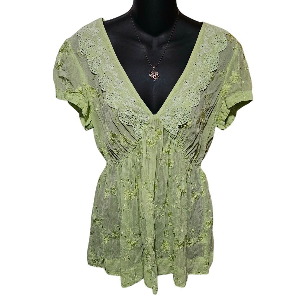 Johnny Was Green Floral Boho Peasant Top Blouse